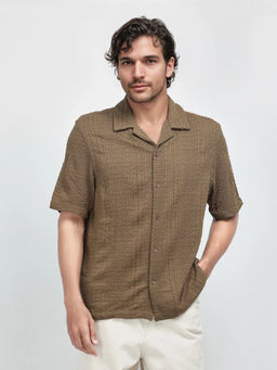 Rare Rabbit - Men Brown Self Design Casual Shirt