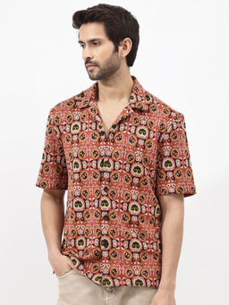 Rare Rabbit - Men Rust Printed Casual Shirt