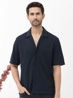 Rare Rabbit - Men Navy Blue Solid Casual Shirt