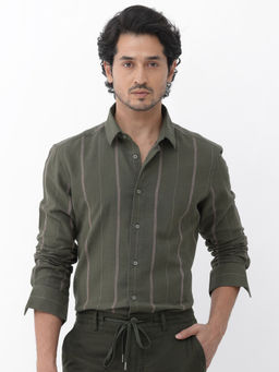 Rare Rabbit - Men Olive Stripes Casual Shirt