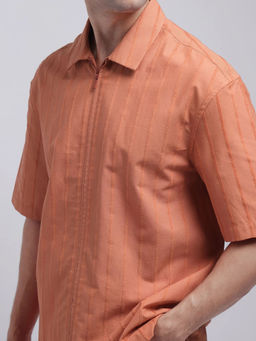 Rare Rabbit - Men Rust Stripes Casual Shirt