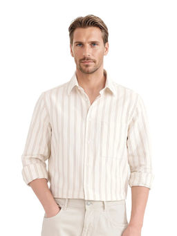 Rare Rabbit - Men Peach Stripes Casual Shirt