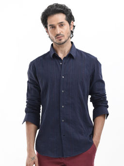 Rare Rabbit - Men Navy Blue Stripes Casual Shirt