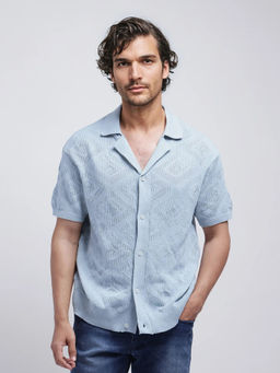 Rare Rabbit - Men Blue Self Design Casual Shirt