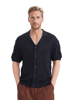 Rare Rabbit - Men Navy Blue Self Design Casual Shirt