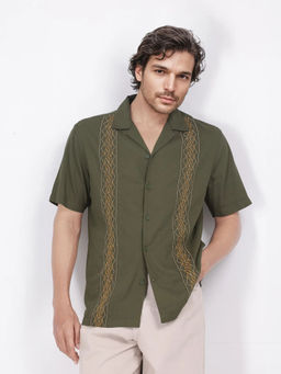 Rare Rabbit - Men Olive Embroidered Casual Shirt
