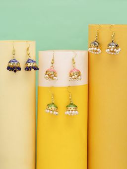 Yellow Chimes - Pack of 4 Gold-Toned Silver Plated Classic Meenakari Jhumkas Earrings
