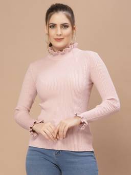 Mafadeny - Women Self Design Long Sleeves Round Neck Viscose Peach Sweater