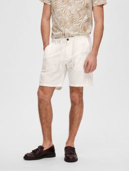 SELECTED HOMME - White Mid Rise Linen Blend Shorts