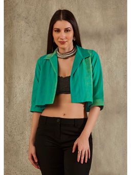 SALWAR STUDIO - Green Cotton Shirt Style Crop Jacket