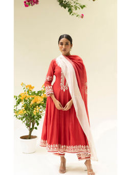AM by Anita Mittal - Parchhai Red Anarkali with Pant and Dupatta
