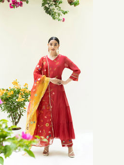 AM by Anita Mittal - Soch Side-Gather Red Anarkali with Pant and Dupatta