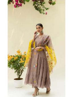AM by Anita Mittal - Soch Side-Gather Brown Anarkali with Pant and Dupatta