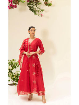 AM by Anita Mittal - Muskat Red Angrakha with Pant and Dupatta