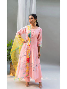 AM by Anita Mittal - Floral Applique Peach Anarkali with Pant and Dupatta
