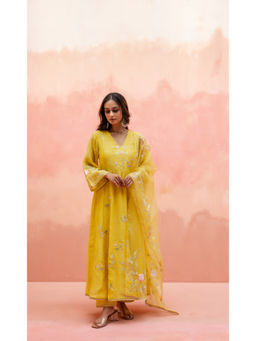AM by Anita Mittal - Pari Yellow Anarkali with Pant and Dupatta