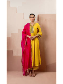AM by Anita Mittal - Sunehri A-Line Yellow Anarkali with Pant and Dupatta