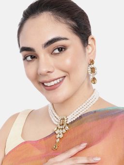 Peora - Gold Plated Traditional White Kundan Studded Beaded Classic Drop Earrings Set