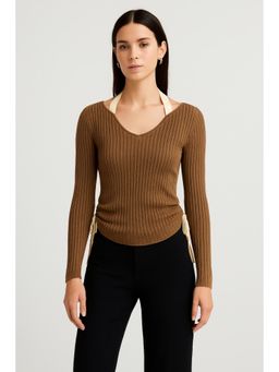 Cider - Two Tone Rib Knit Halter Drawstring Top