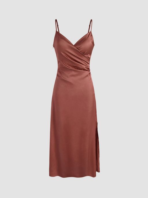 solid satin slit midi dress Slim fit satin midi dress