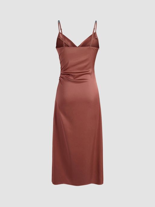 knee length dresses for ladies Classic Silky Satin High Slit Midi Dress