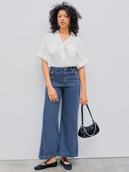 Cider - White Collar Solid Short Sleeve Blouse Bodysuit