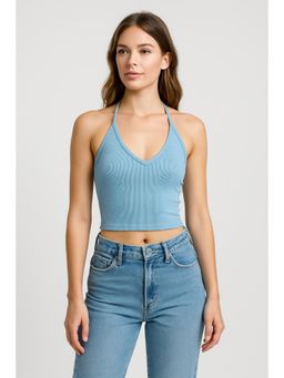 Cider - Blue Solid Halter Crop Top