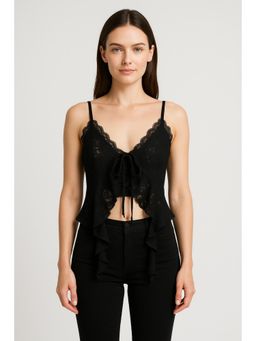 Cider - Black Lace Ruffle Hem Knotted Knit Crop Top
