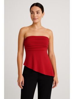 Cider - Red Ruched Asymmetrical Hem Tube Top
