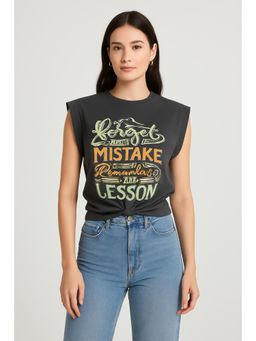 Cider - Grey Round Neckline Graphic Knotted Crop Top