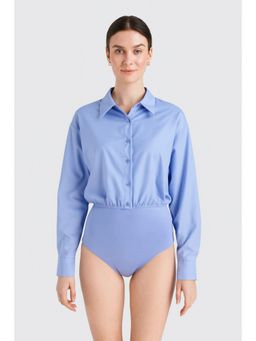 Cider - Blue Collar Solid Long Sleeve Blouse Bodysuit