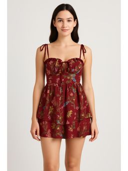 Cider - Curve & Plus Red Woven Floral Ruffle Hem Knotted Layered Mini Dress