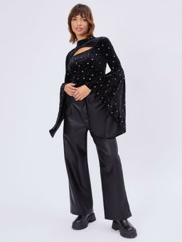 Cider - Velvet Star Pattern Bell Sleeve Crop Top