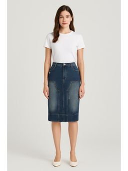 Cider - Retro Solid Denim Midi Skirt Curve & Plus