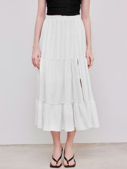 Cider - Solid Elastic Waist Ruffle Hem Tiered Midi Skirt