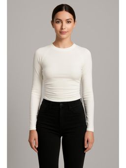 Cider - Solid Jersey Round Neckline Ruched Long Sleeve Crop Tee
