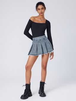 Cider - Denim High Waist Pleated Raw Hem Mini Skirt