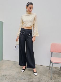 Cider - High Neck Solid Cable Knit Long Sleeve Crop Sweater