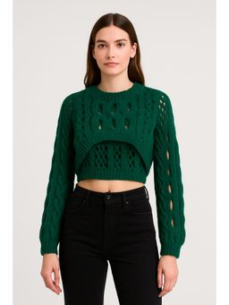 Cider - Knit Round Neckline Hollow Out Long Sleeve Crop Top