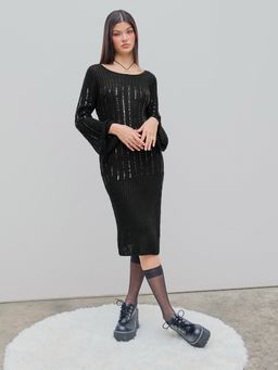 Cider - Knit U-Neck Sequin Split Midi Dress