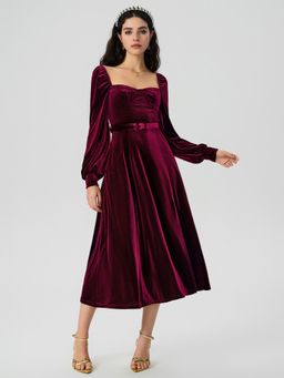 Cider - Velvet Belted Puff Sleeve Midi Dress