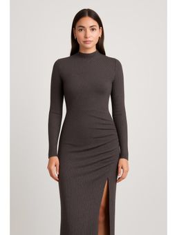 Cider - Rib Knit Stand Collar Asymmetrical Split Midi Dress