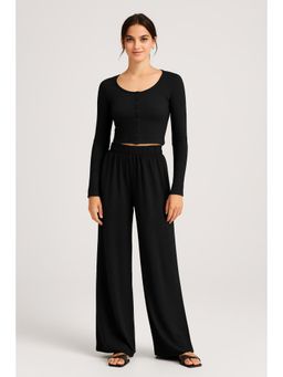 Cider - U-Neckline Button Solid Cardigan & Crop Tank Top & Elastic Waist Trousers (Set Of 2) ()