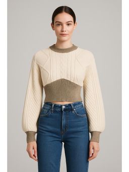 Cider - Cable Knit Contrasting Corset Knitted Long Sleeve Crop Top