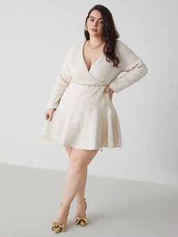 Cider - Tweed V-Neck Solid Faux Pearl Mini Dress Curve & Plus