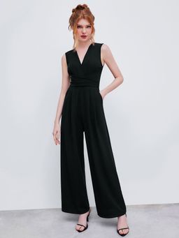 Cider - V-Neck Wrap Zipper Wide Leg Jumpsuit