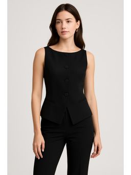 Cider - Woven Boat Neck Solid Button Vest