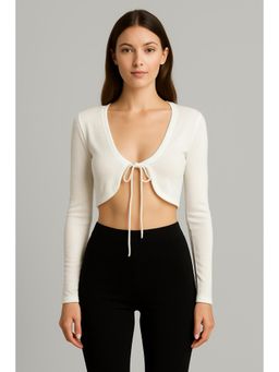 Cider - Jersey Round Neck Knotted Crop Long Sleeve Shrug