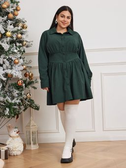 Cider - Corduroy Collar Button Up Short Dress Curve & Plus