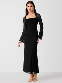 Cider - Mesh Square Neck Solid Drawstring Maxi Dress ()